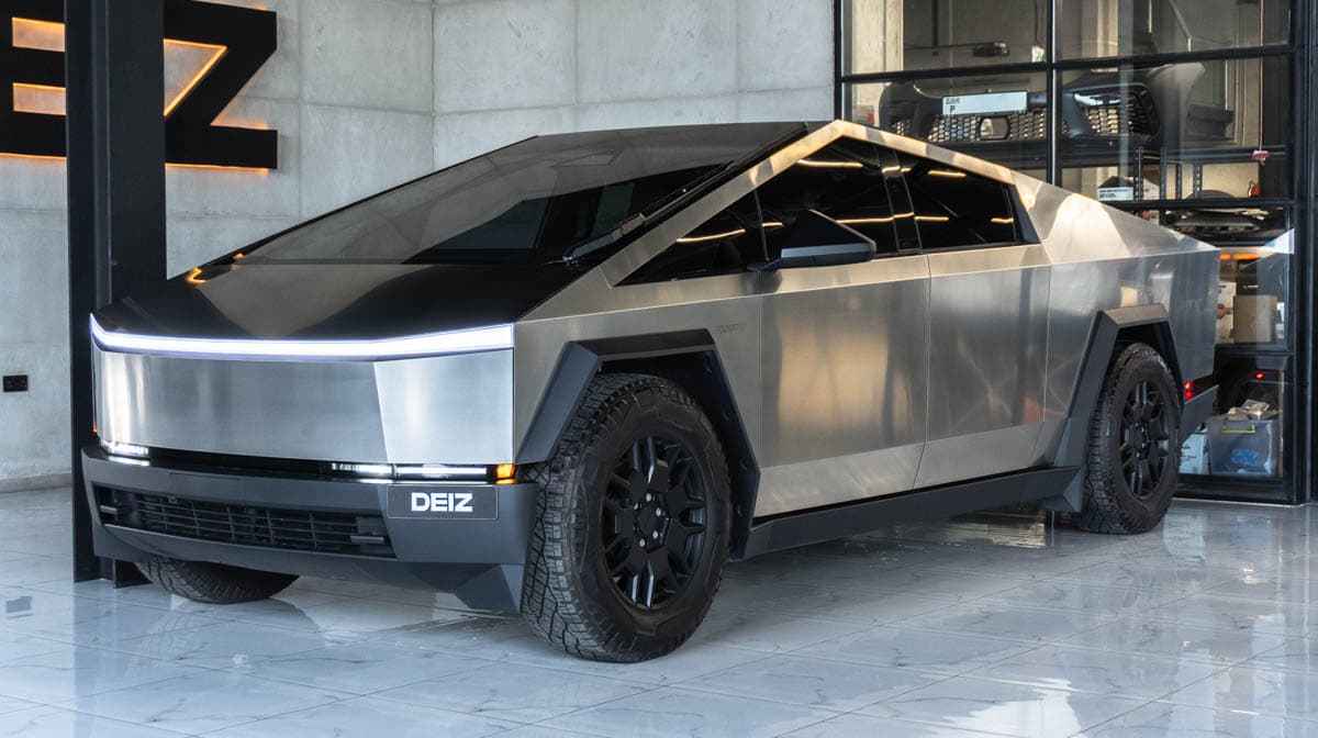 Stainless-steel Cybertruck in the DEIZ showroom